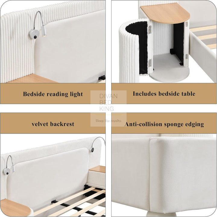 Nuragas Oversized Headboard Beige Velvet Bed Frame with Integrated Lighting & 2 Bedside Tables