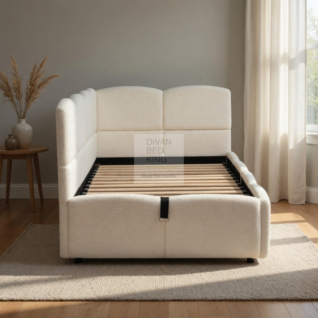 Amaia Beige Boucle Teddy Fabric Smart Ottoman Storage Daybed Sofa Bed Couch with Charging Station, USB & Type C Ports