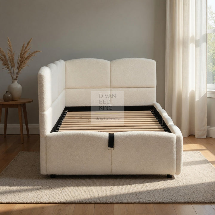Amaia Beige Boucle Teddy Fabric Smart Ottoman Storage Daybed Sofa Bed Couch with Charging Station, USB & Type C Ports