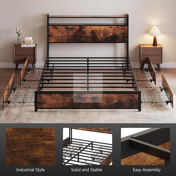 Henry Metal Wooden Hybrid Brown Bed with 4 Drawers with Headboard, LED Reading Lights, Sockets, USB, Type C Charging