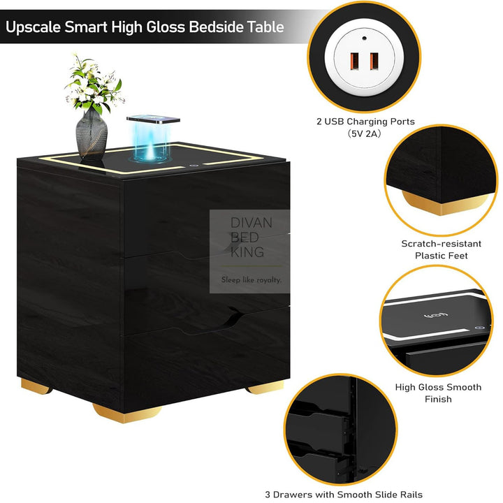 Barrera 3 Drawer Black High Gloss Smart LED Bedside Table with USB and Wireless Charging