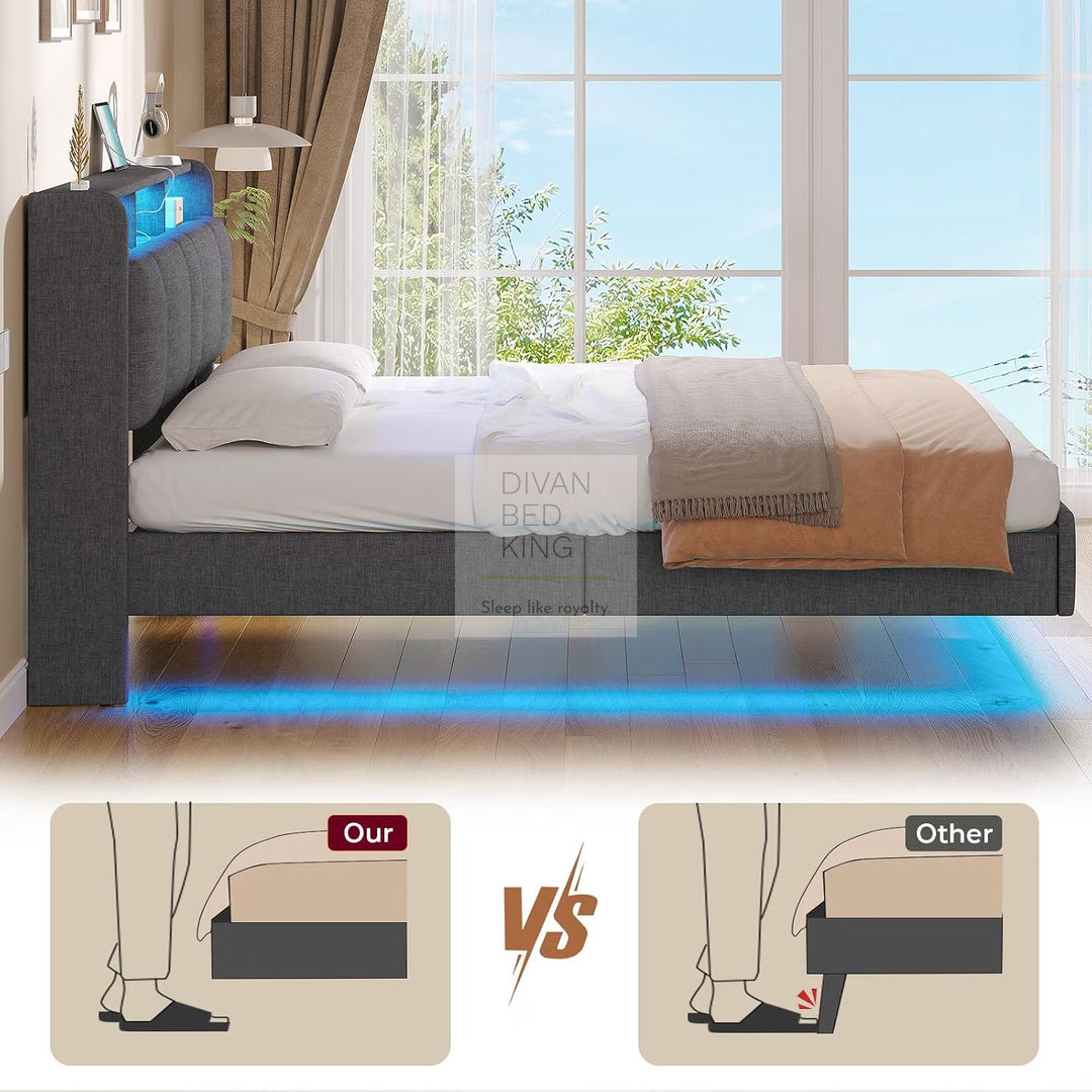 Everleigh Grey Linen Floating Bed Frame with Padded Storage Headboard, LED Lights, USB & Type-C Charging Station