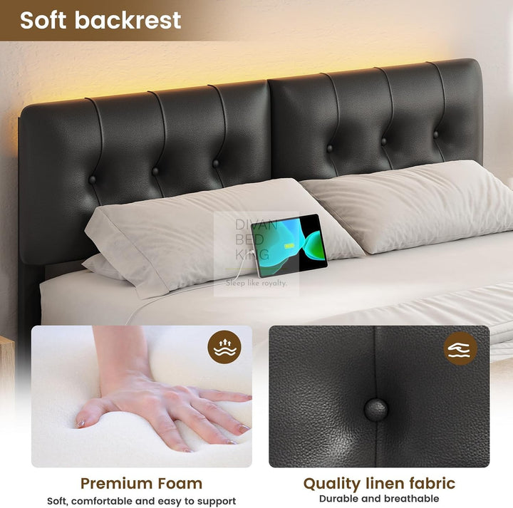 Julius Black Leather 2 Drawer Storage Smart Bed with LED Lighting, USB and Type-C harging