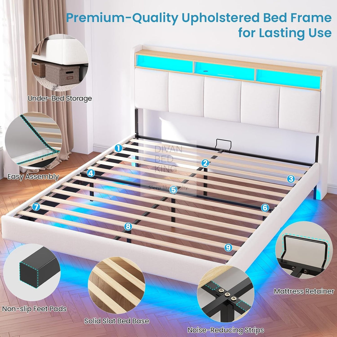 Houston Smart Metal Floating Bed with White Linen Padded Storage Headboard, LED Lights, Plug Sockets, USB & Type C Charging Station