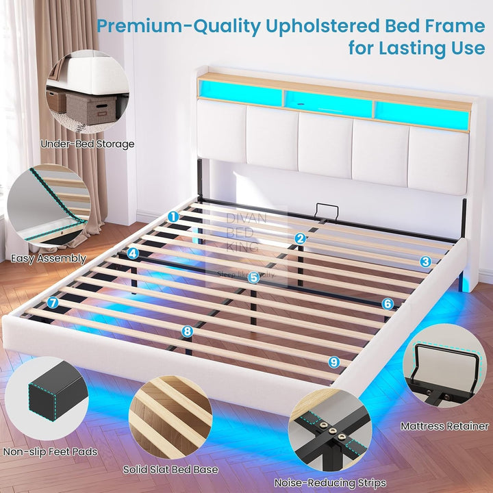 Houston Smart Metal Floating Bed with White Linen Padded Storage Headboard, LED Lights, Plug Sockets, USB & Type C Charging Station