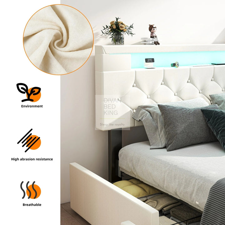Harmon Beige Linen Smart Bed with 4 Drawer Storage, LED and Charging Station AC Socket, USB, Type C on Headboard Storage Shelf