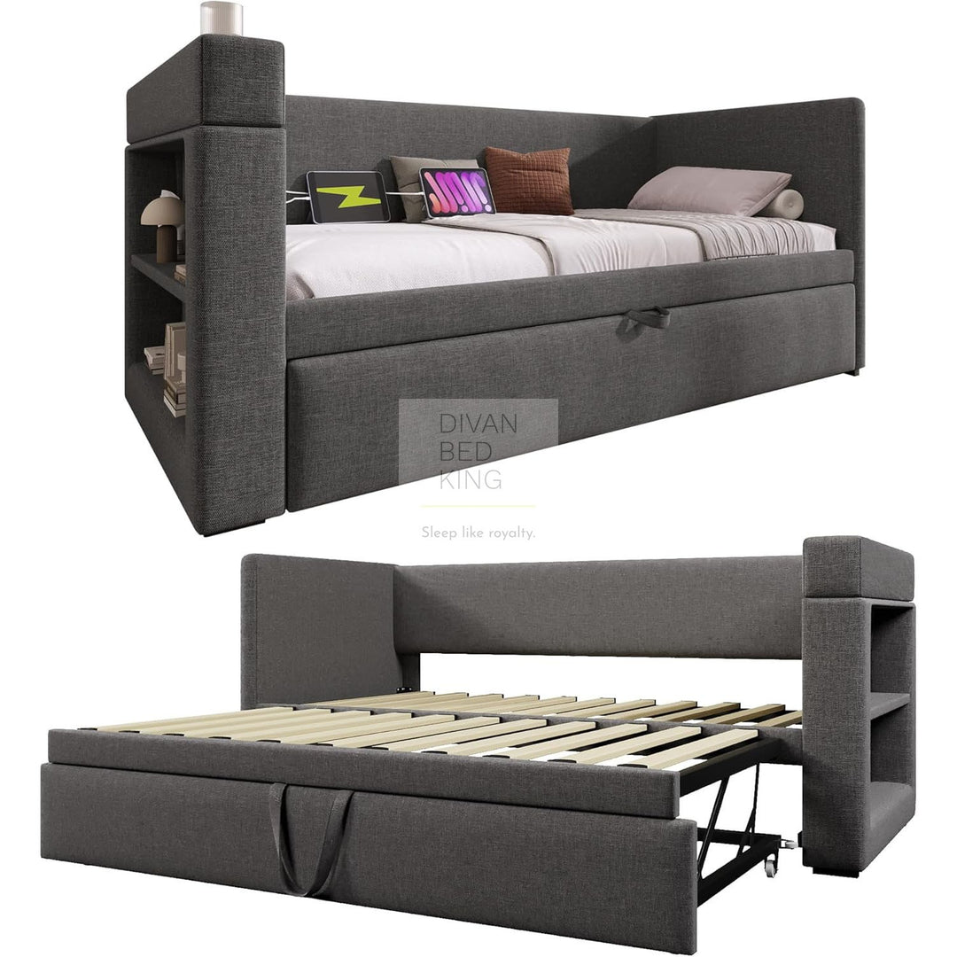 Laylani Grey Linen Smart Daybed Sofa Bed with Shelves Storage, USB & Type C Charging Station & Trundle