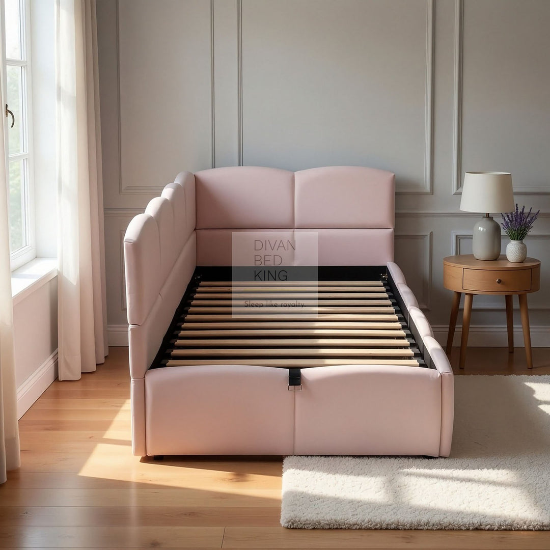 Amaia Pink Plush Velvet Smart Ottoman Storage Daybed Sofa Bed Couch with Charging Station, USB & Type C Ports