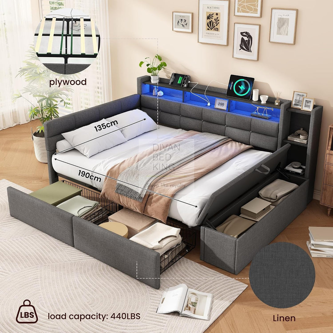 Avayah Grey Linen Smart Daybed Sofa Bed with 2 Drawers, LED Shelves Storage, USB & Type C Charging Station & Storage Box