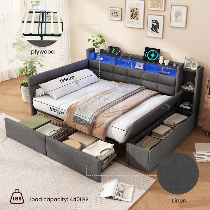 Avayah Grey Linen Smart Daybed Sofa Bed with 2 Drawers, LED Shelves Storage, USB & Type C Charging Station & Storage Box