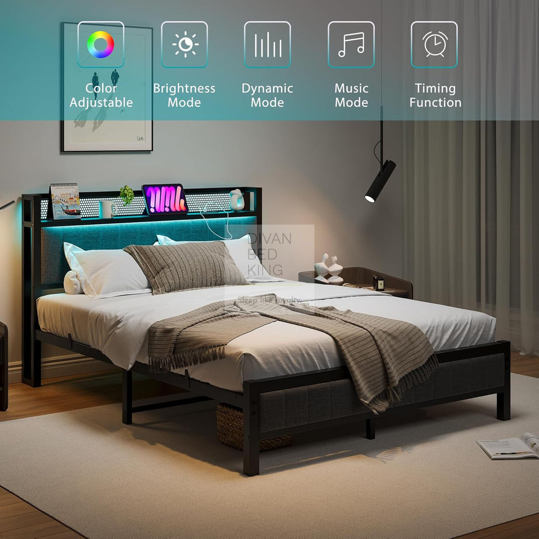 Vicenza Metal Bed Frame with LED Grey Linen Headboard, Shelves, Power Outlet, USB Charging & Optional Drawers