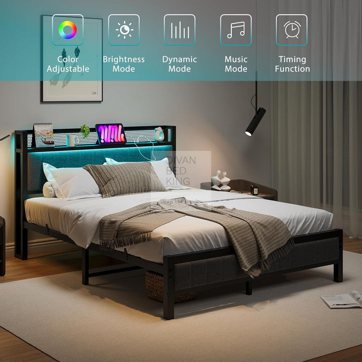 Vicenza Metal Bed Frame with LED Grey Linen Headboard, Shelves, Power Outlet, USB Charging & Optional Drawers
