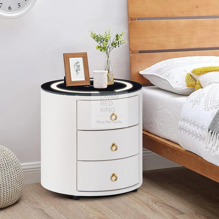 Adrastea White Leather 3 Drawer Smart LED Bedside Table with Wireless Charging