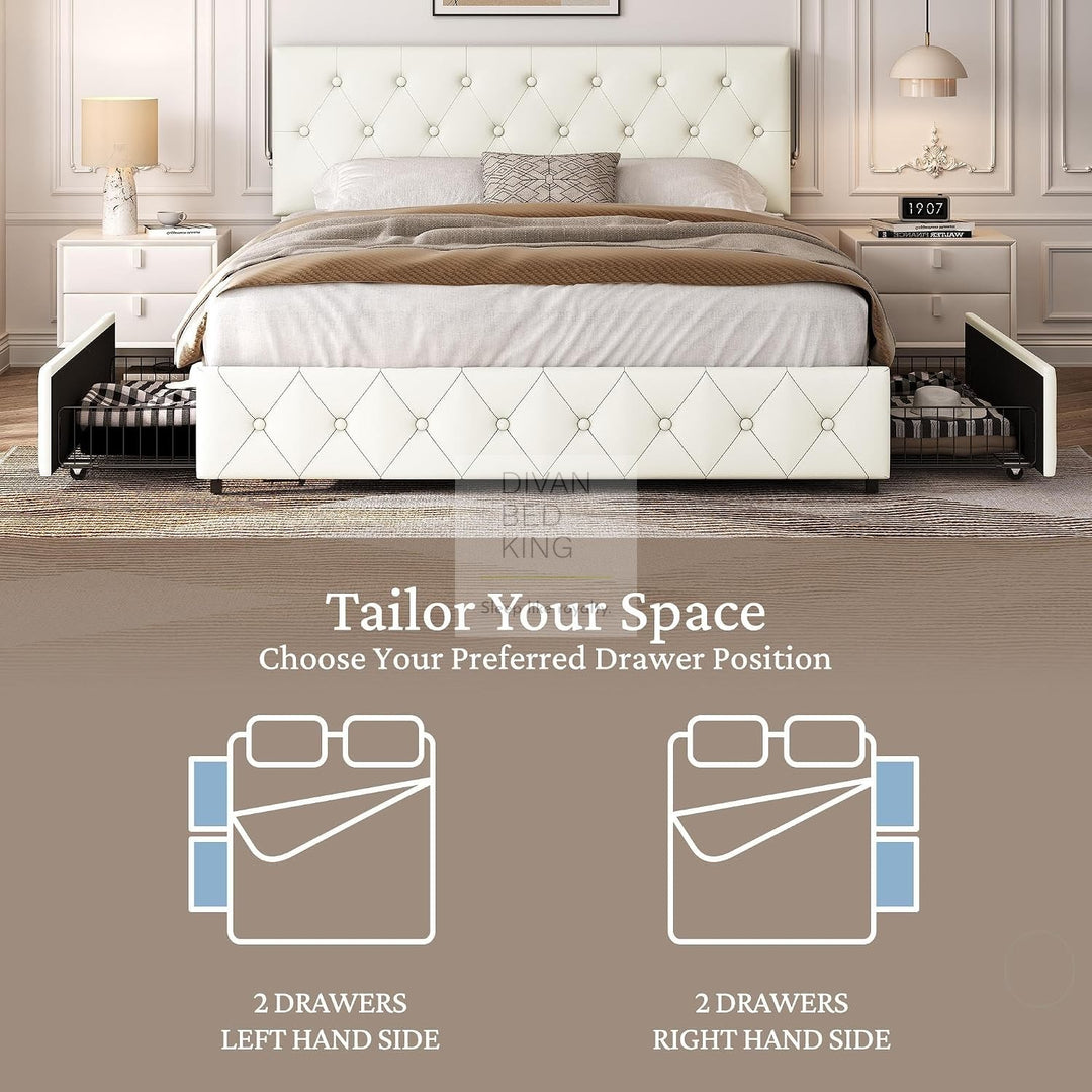 Emma Cream Leather 2 Drawer Buttoned Bed Frame