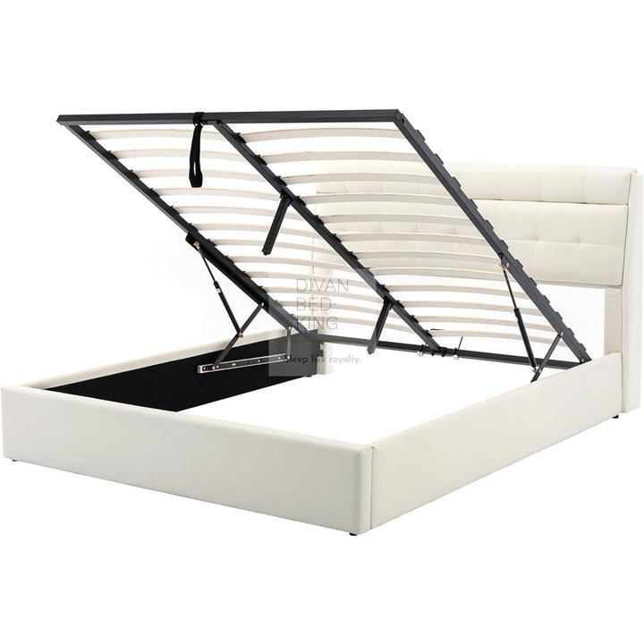 Carmine Cream Beige Leather Ottoman Storage Bed with Headboard Storage