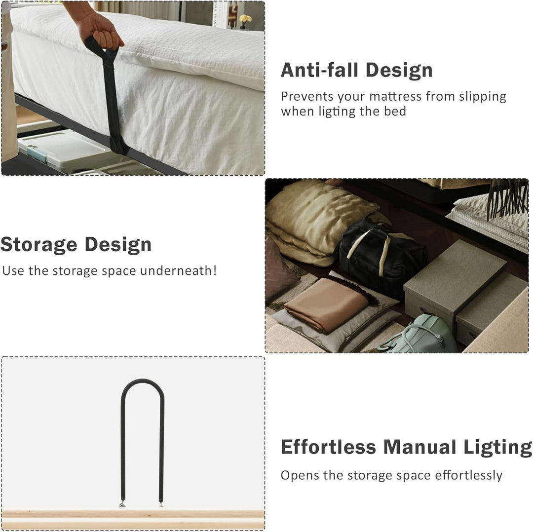 Kyoto Charcoal Linen Ottoman Bed with LED Lights, Power Outlets, Type C and USB Charging Headboard Storage Shelf
