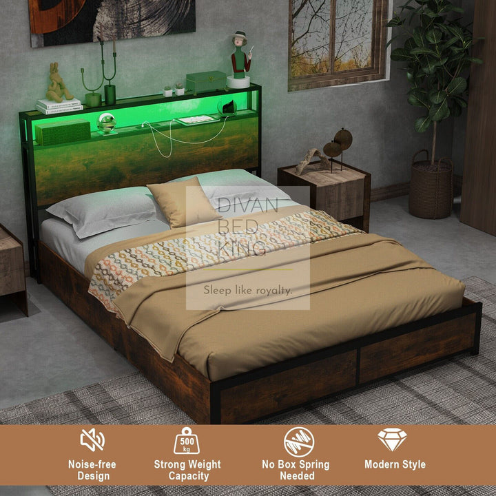 Henry Metal Divan Bed with 4 Drawers with Headboard, Reading Lights & USB Charging