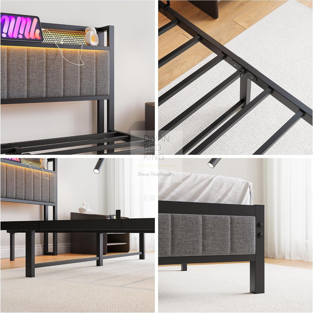 Vicenza Metal Bed Frame with LED Grey Linen Headboard, Shelves, Power Outlet, USB Charging & Optional Drawers