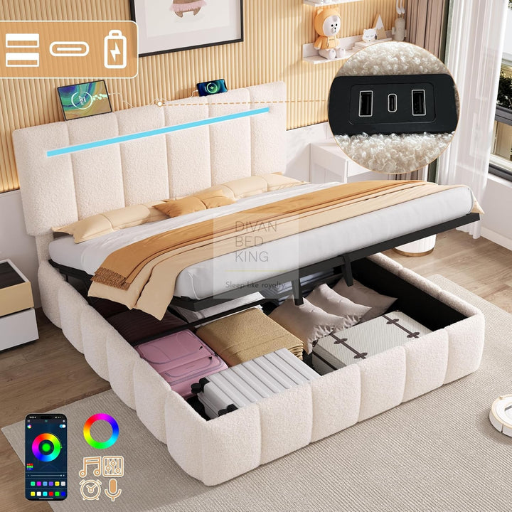 Lanusei Cream Beige Soft Boucle Ottoman Storage Smart Bed with LED Lights, Type C and USB Charging Headboard Shelf