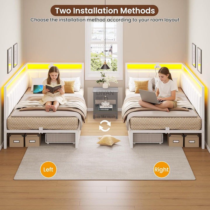 Giavanna Beige Linen 2 Drawer Low Smart Sofa Bed Daybed with LED Lights, USB & Type C Charging Station