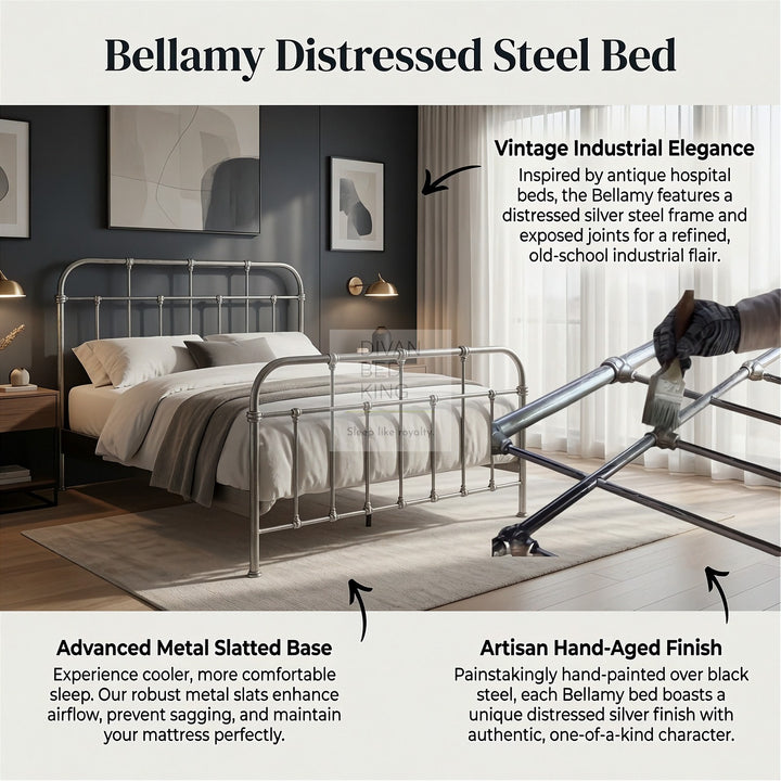 Bellamy Antique Steel Grey Metal Hospital Style Bed Frame