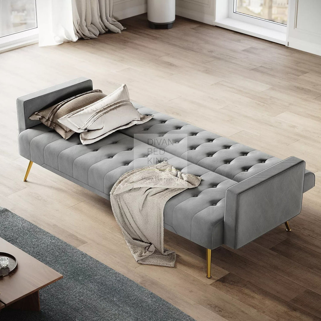 Felix Grey Plush Velvet 3 Seater Sofa Bed with Golden Legs