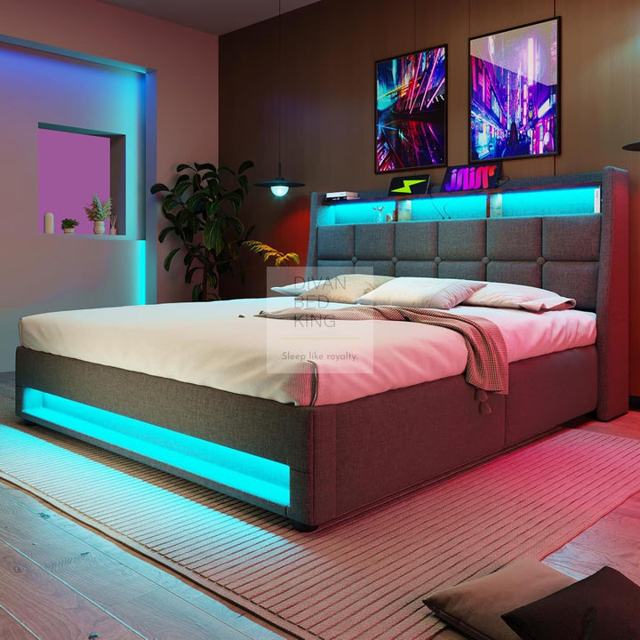 Solana Grey Linen Ottoman Storage Smart Bed with Type C, USB & Wireless Charging Headboard Shelves