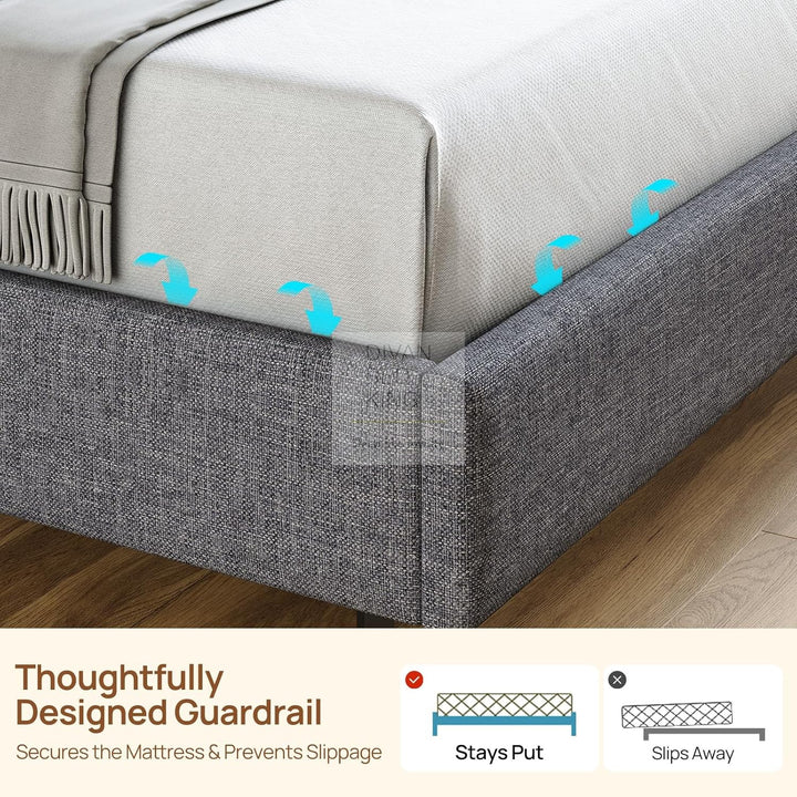 Houston Smart Metal Floating Bed with Grey Linen Padded Storage Headboard, LED Lights, USB & Type C Charging Station