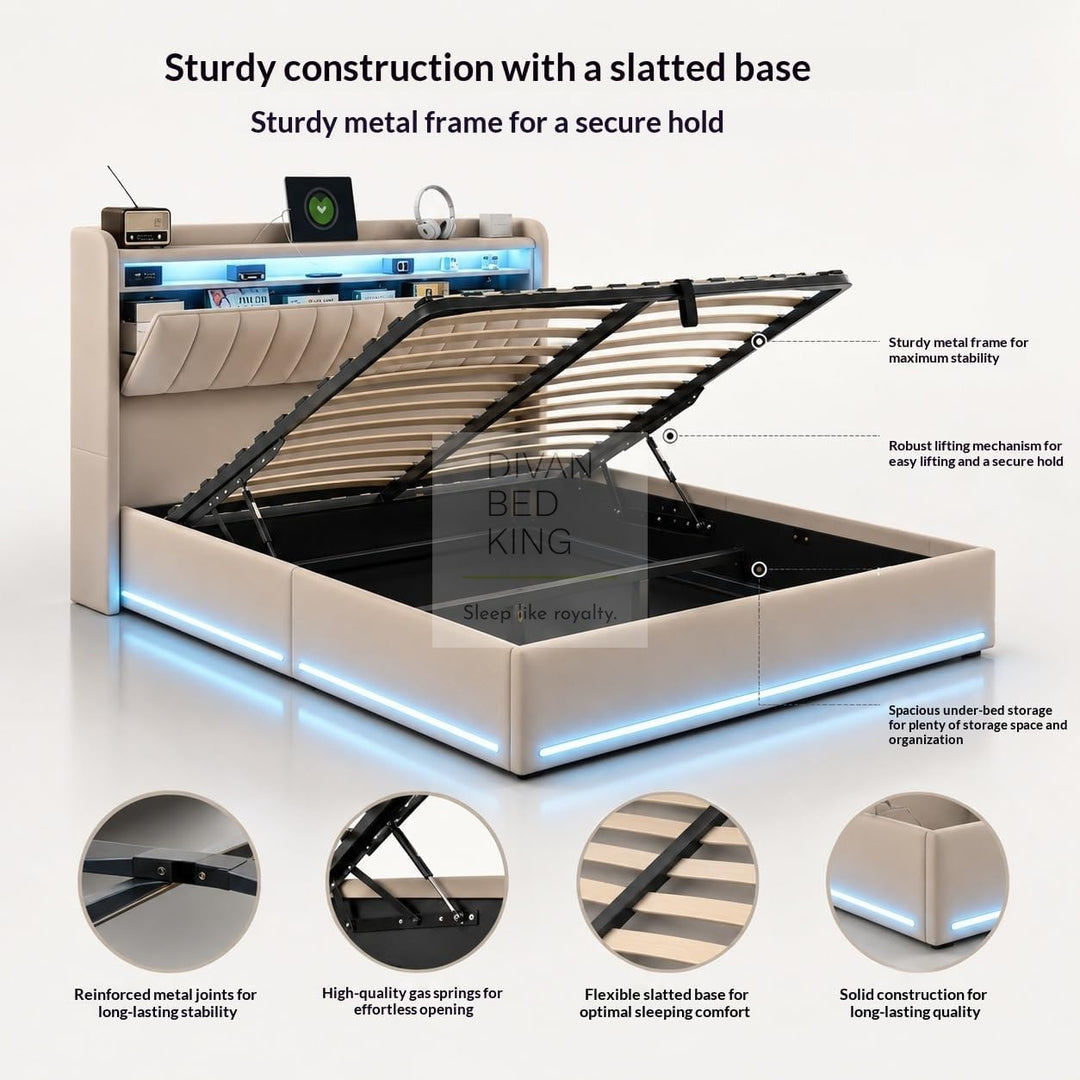 Kairi LED Beige Velvet Ottoman Storage Smart Bed with USB Type C Charging Station on Headboard Storage Shelf