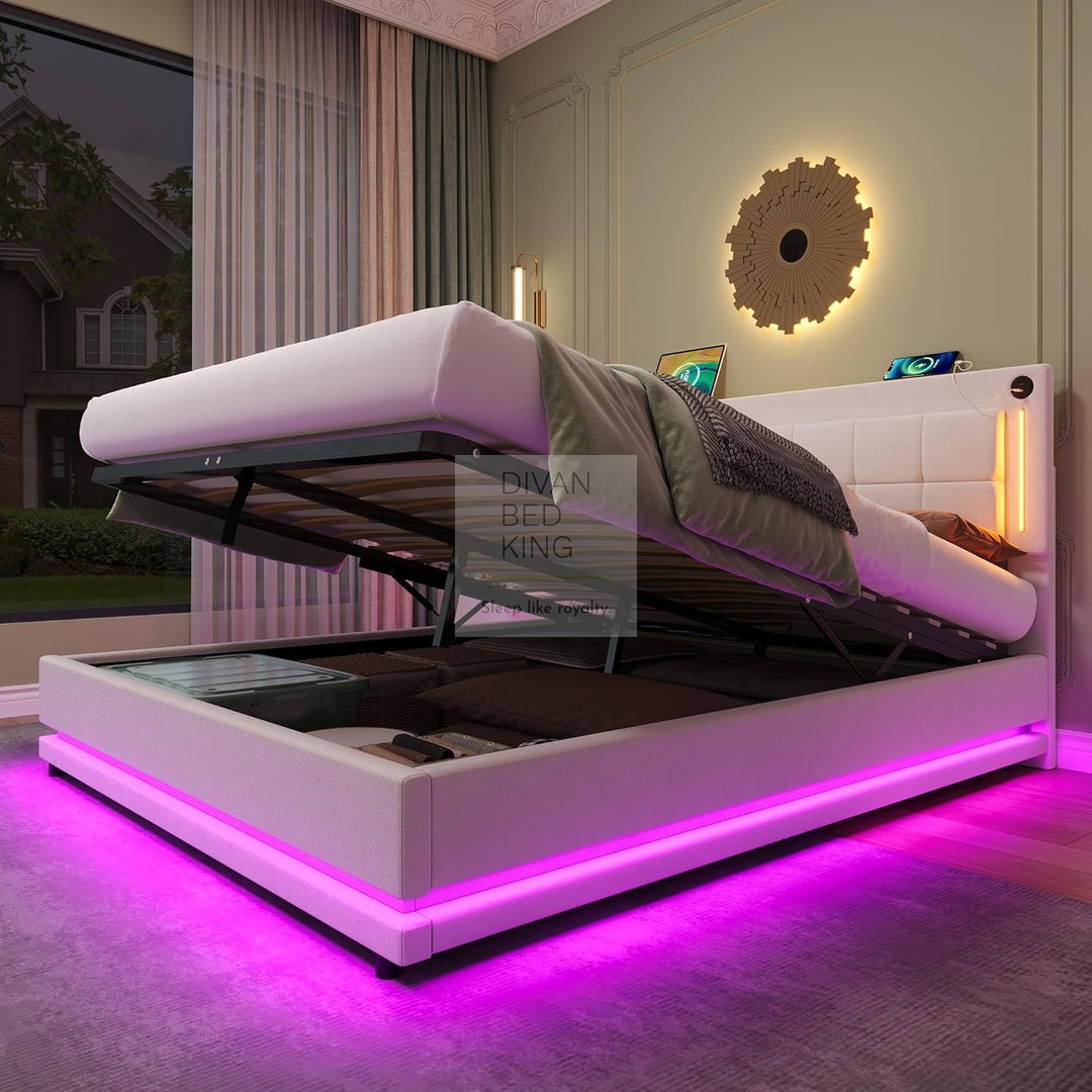 Varese Beige Velvet Ottoman Storage Smart Bed with LED Lighting, Type C and USB Headboard Shelf