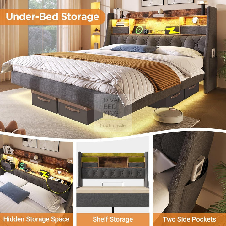 Burton Smart Metal Floating Bed Frame with Grey Padded Storage Headboard, LED Lights, USB, Type C & AC Sockets Charging Station