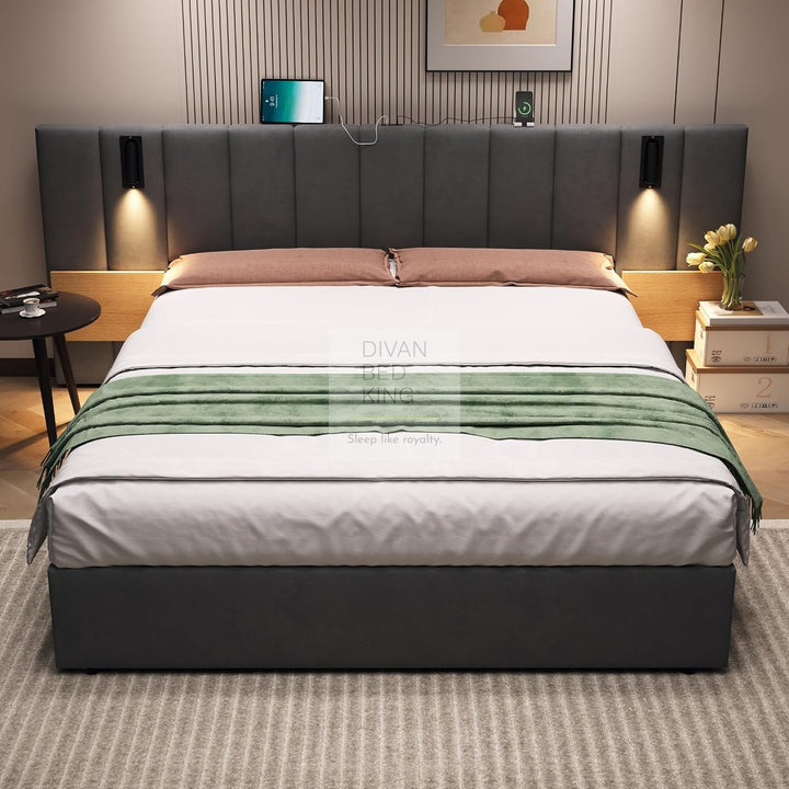 Allegra Oversized Headboard Grey Ottoman Storage Bed with Integrated Bedside Shelves, Power Outlets, USB & Type C Ports