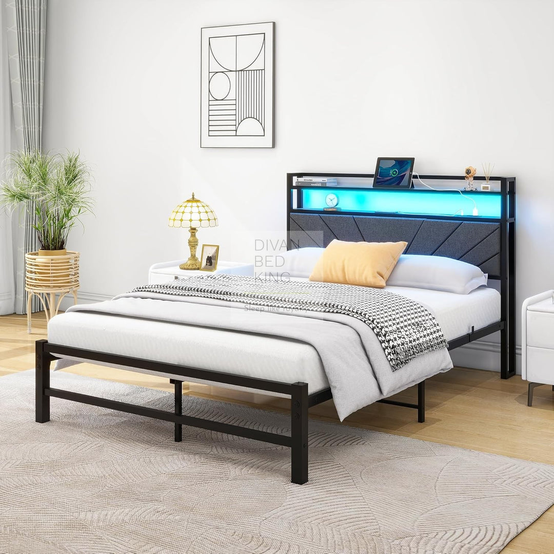 Cesena Grey Linen Smart Metal Bed with Storage LED Headboard, Shelves, Power Outlet, USB Charging & Optional Drawers