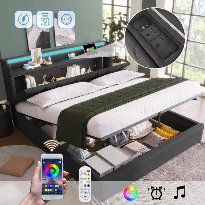 Kyoto Charcoal Linen Ottoman Bed with LED Lights, Power Outlets, Type C and USB Charging Headboard Storage Shelf