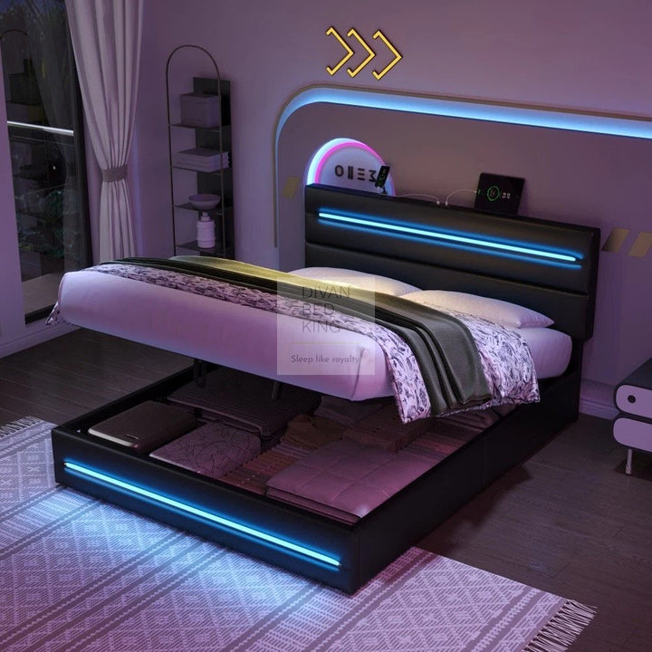 Desulo Black Leather Smart Ottoman Bed with LED Lighting, Type C, and USB Charging