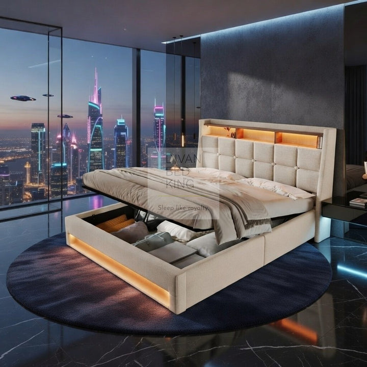 Solana Beige Linen Ottoman Storage Smart Bed with Type C, USB & Wireless Charging Headboard Shelves