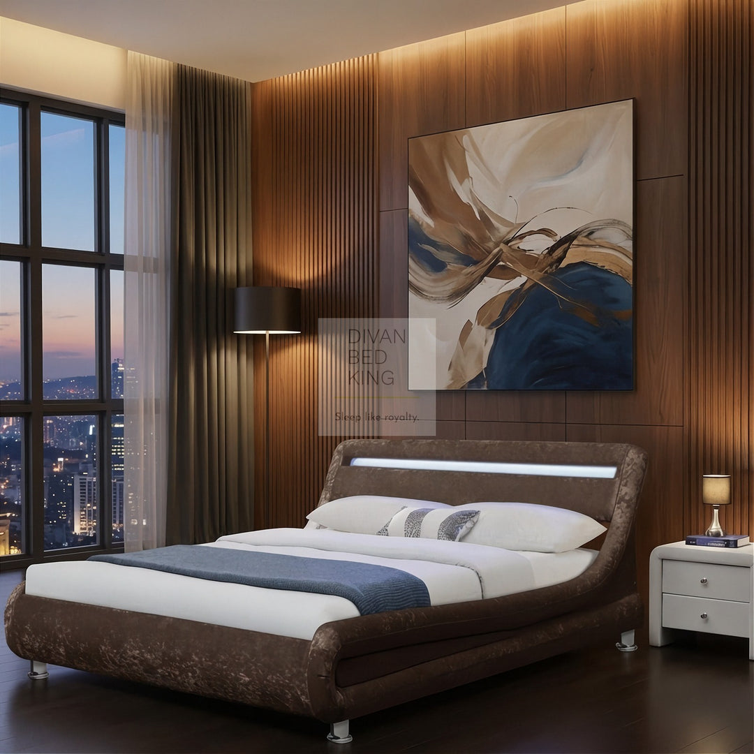 Volo Italian Modern LED Brown Crushed Velvet Bed Frame