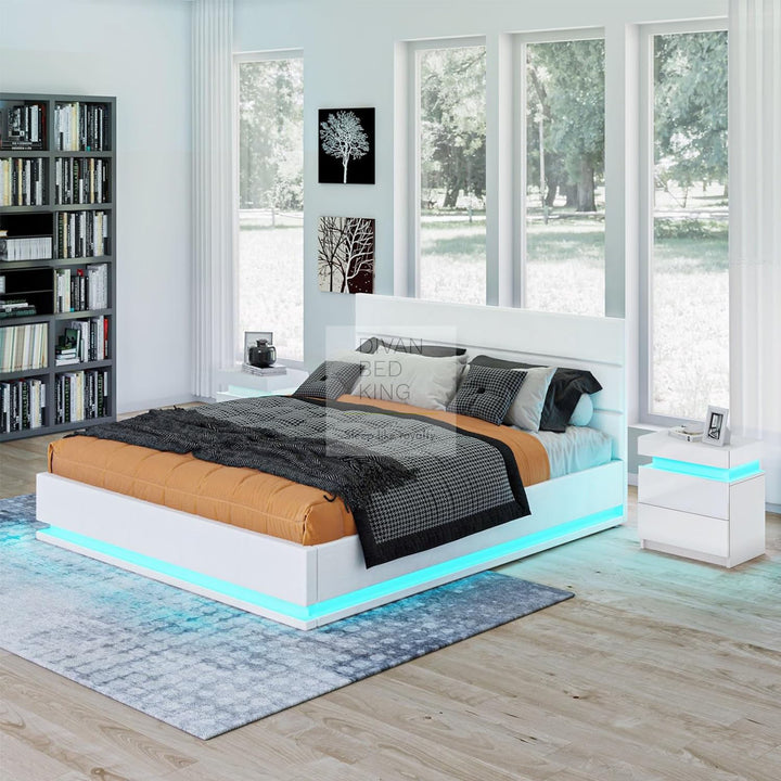 Zena LED White Leather Ottoman Gas Lift Storage Bed