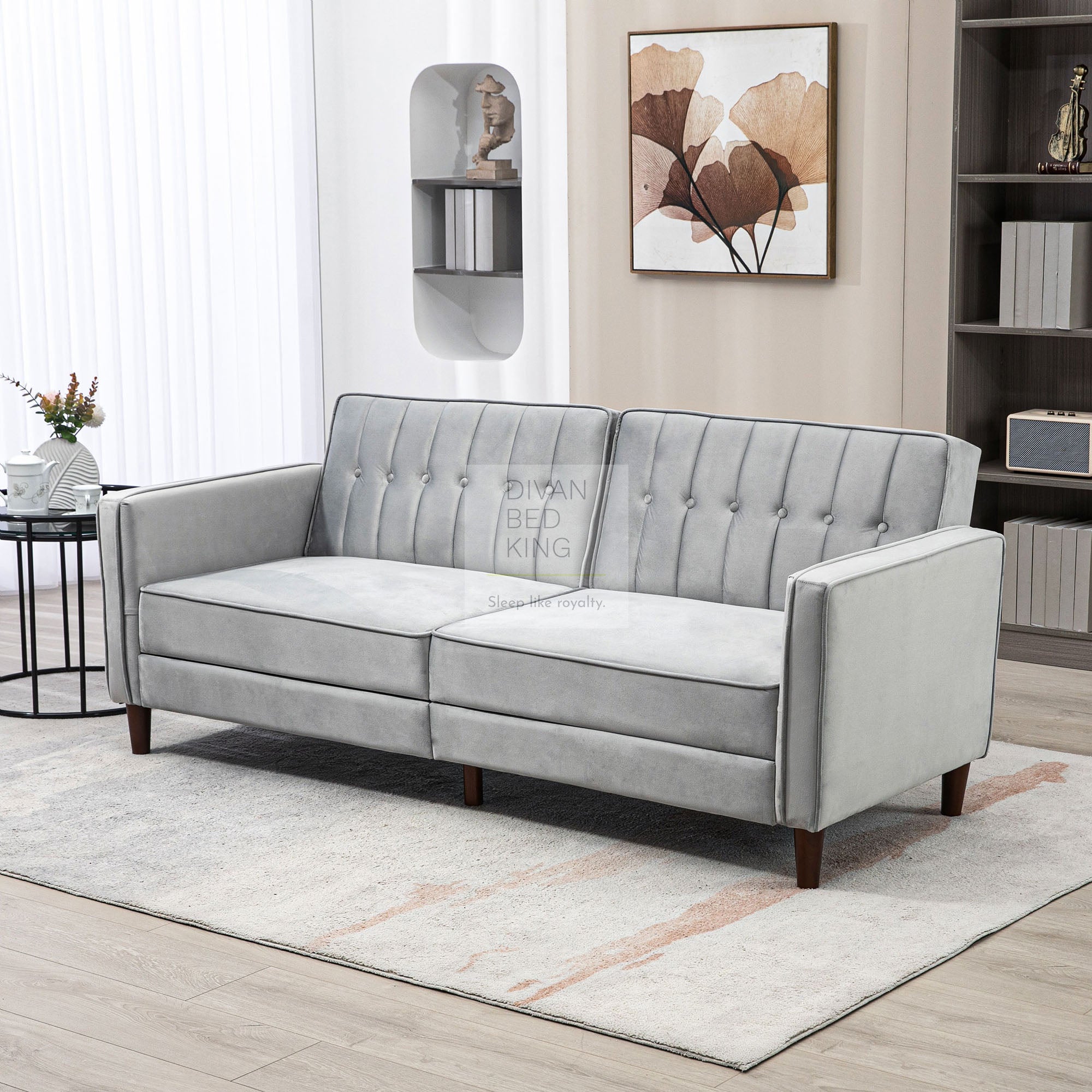 Bronson Silver Plush Velvet 3 Seater Sofa Bed Divan Bed King