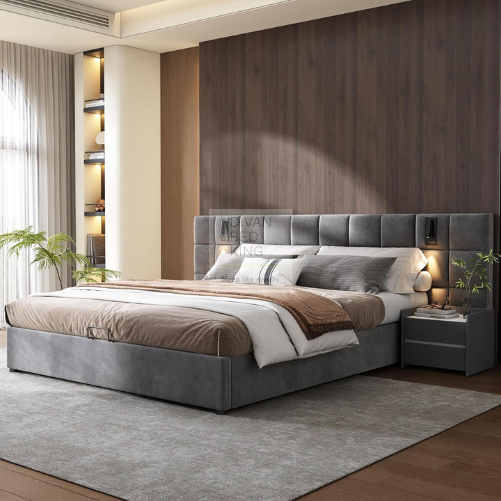 Avernus Oversized Headboard Grey Ottoman Storage Bed Frame with Integrated Lighting & USB Charging