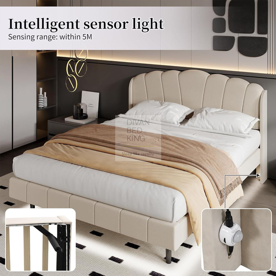 Giovanni LED Motion Sensor Beige Plush Velvet 5ft King Bed Frame