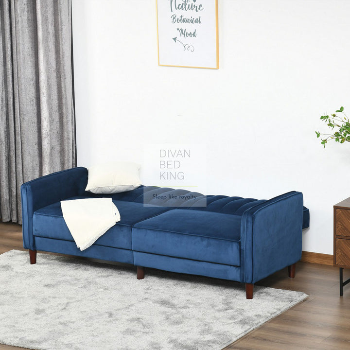 Bronson Blue Plush Velvet 3 Seater Sofa Bed