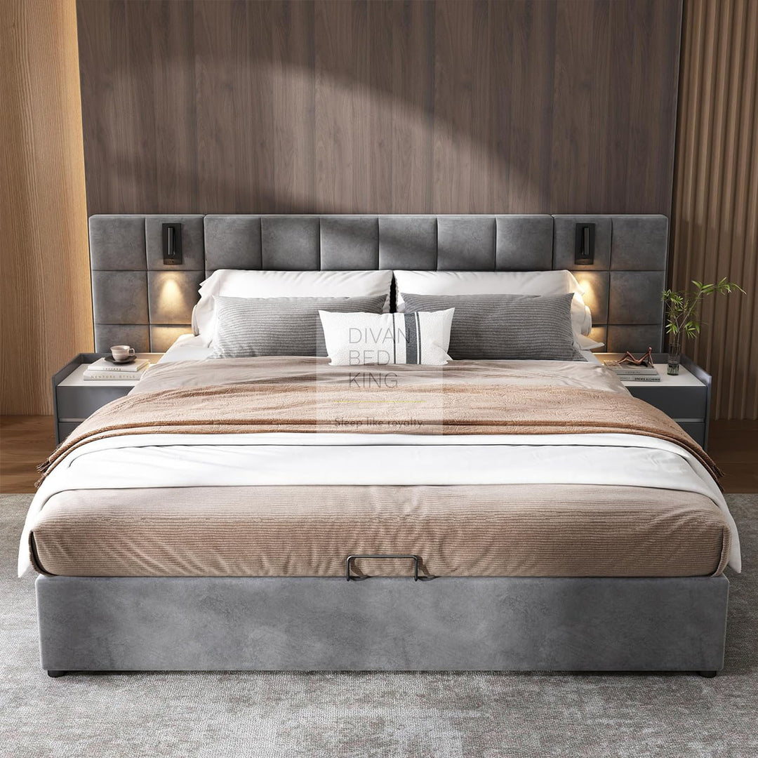 Avernus Oversized Headboard Grey Ottoman Storage Bed Frame with Integrated Lighting & USB Charging