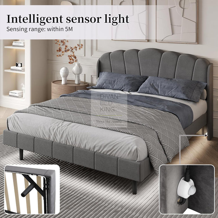 Giovanni LED Motion Sensor Grey Plush Velvet 5ft King Bed Frame