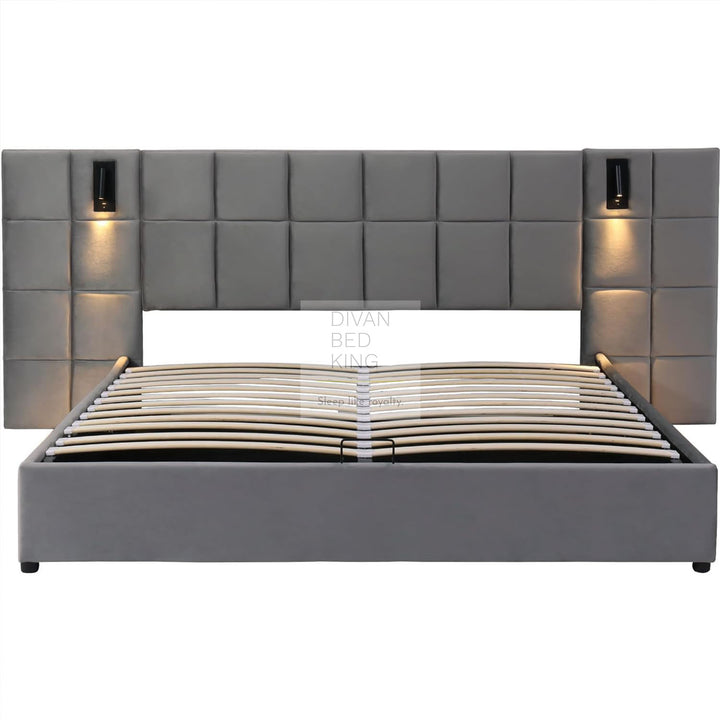 Avernus Oversized Headboard Grey Ottoman Storage Bed Frame with Integrated Lighting & USB Charging