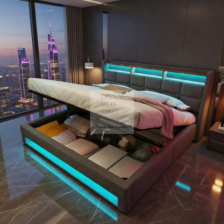 Solana Grey Linen Ottoman Storage Smart Bed with Type C, USB & Wireless Charging Headboard Shelves