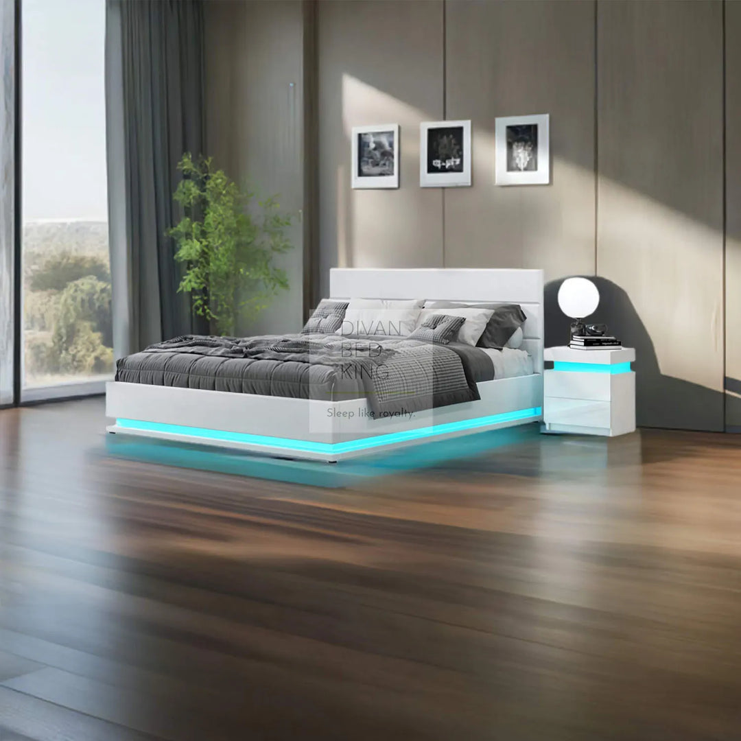 Zena LED White Leather Ottoman Gas Lift Storage Smart Bed