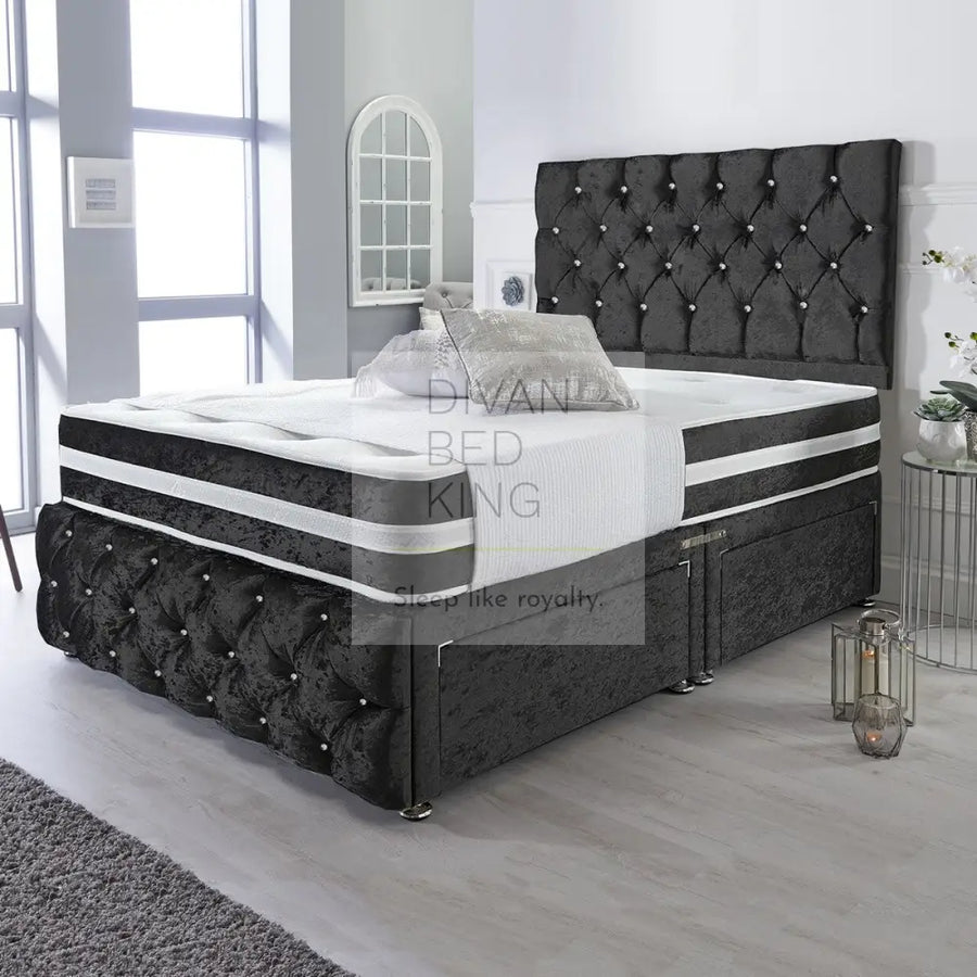 Orlando Black Crushed Velvet Divan With Airflow Spring Memory Mattress Bed