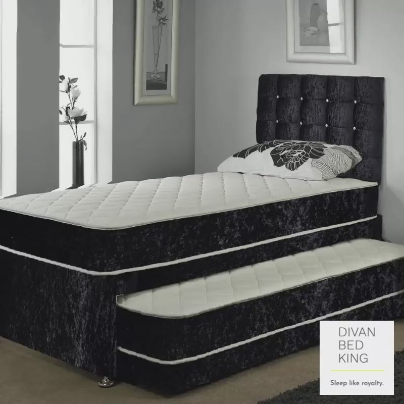 Thomas Crushed Velvet Trundle Guest Bed with 2 Quilted Spring Mattress Divan Bed King
