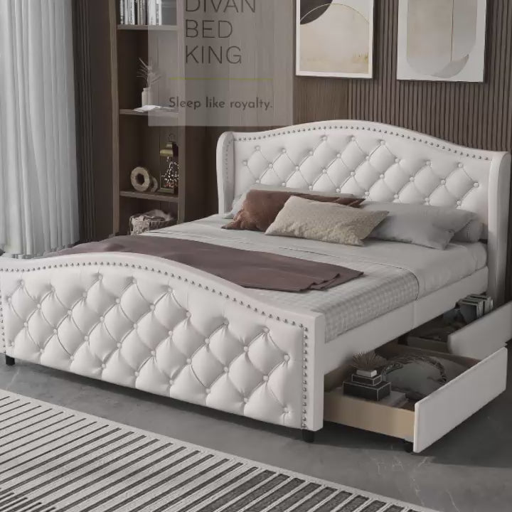 4FT6 Double Royal White Leather Winged Chesterfield Bed Frame with 2 Drawers